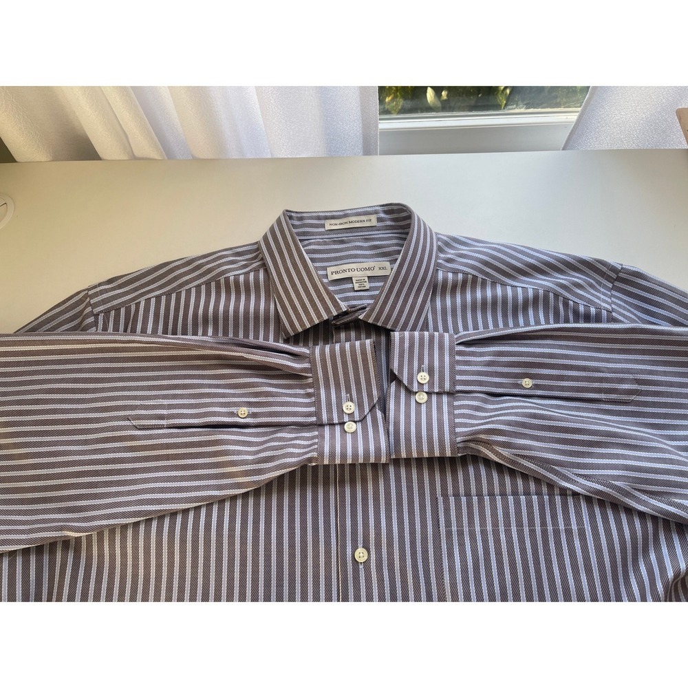 Pronto Uomo Mens XXL Dress Shirt‎ Grey Blue Striped Non-Iron Modern Fit Cotton - Picture 7 of 10